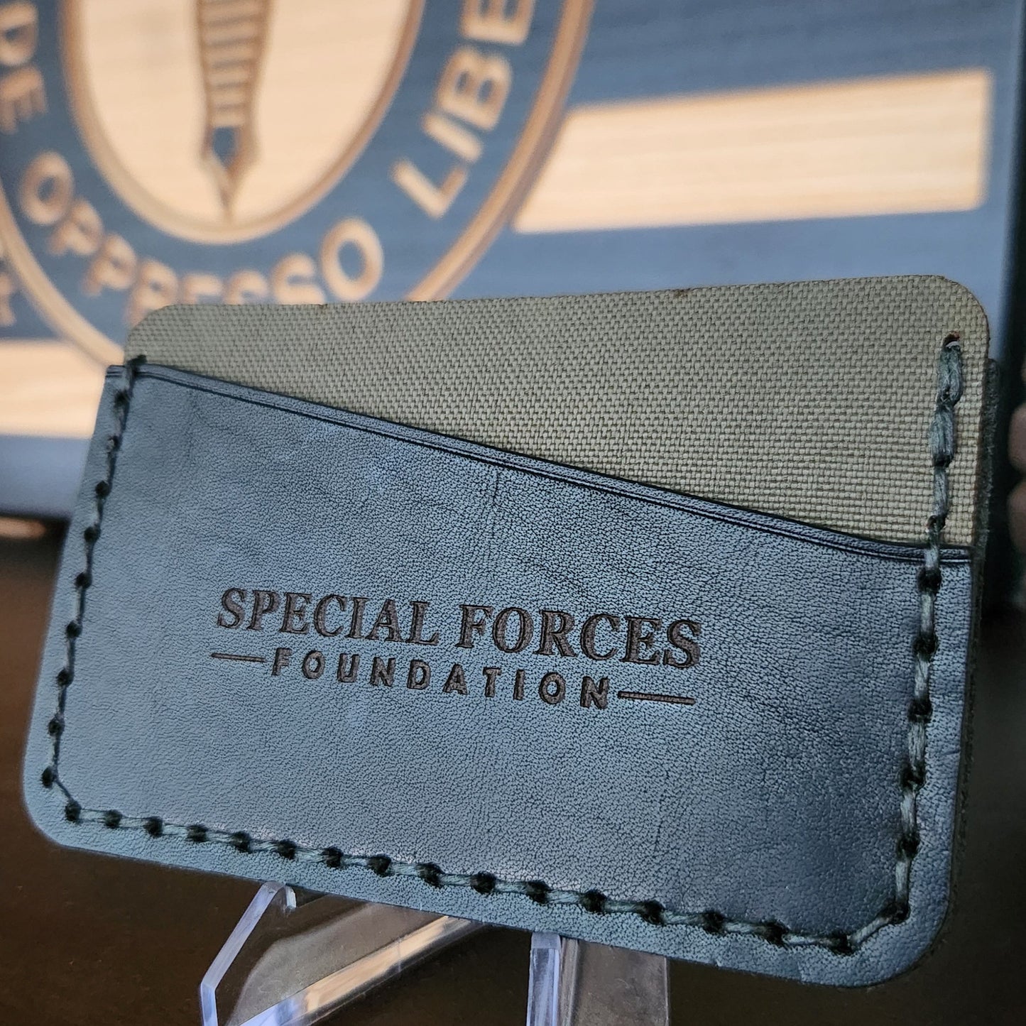 Black leather cardholder with 'Special Forces Foundation' engraved